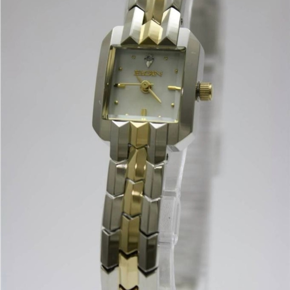 Sleek Silver and Gold Two-Tone Watch with Geometric Bracelet